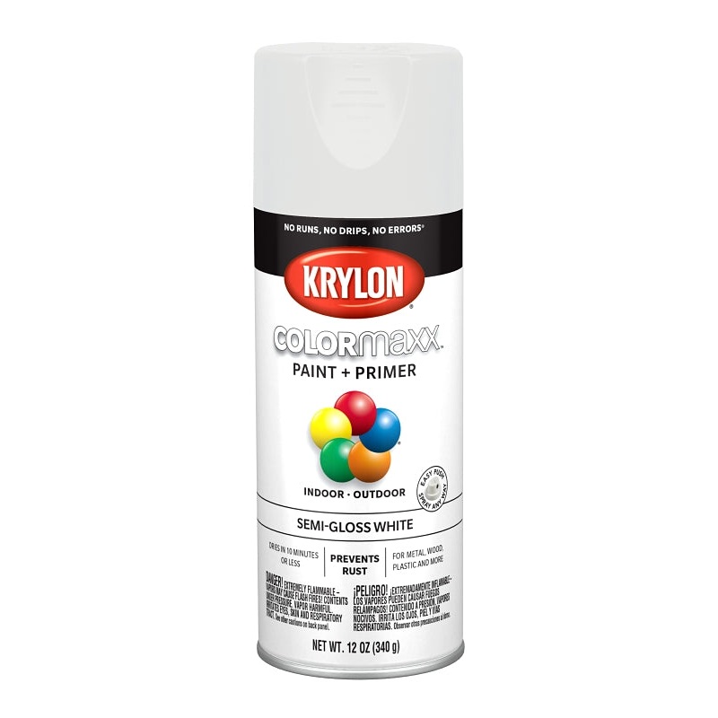 Krylon K05580007 Enamel Spray Paint, 12 oz Can, 25 sq-ft Coverage Area, Acrylic Base, Semi-Gloss, White
