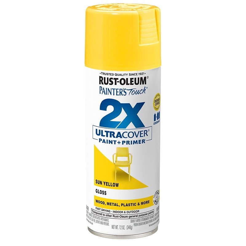 Rust-Oleum Painter’s Touch 2X Ultra Cover 334046 Spray Paint, Gloss, Sun Yellow, 12 oz, Aerosol Can