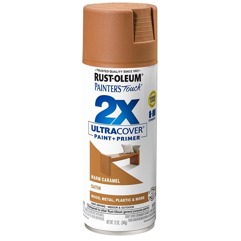 Rust-Oleum Painter’s Touch 2X Ultra Cover 334083 Spray Paint, Satin, Warm Caramel, 12 oz, Aerosol Can