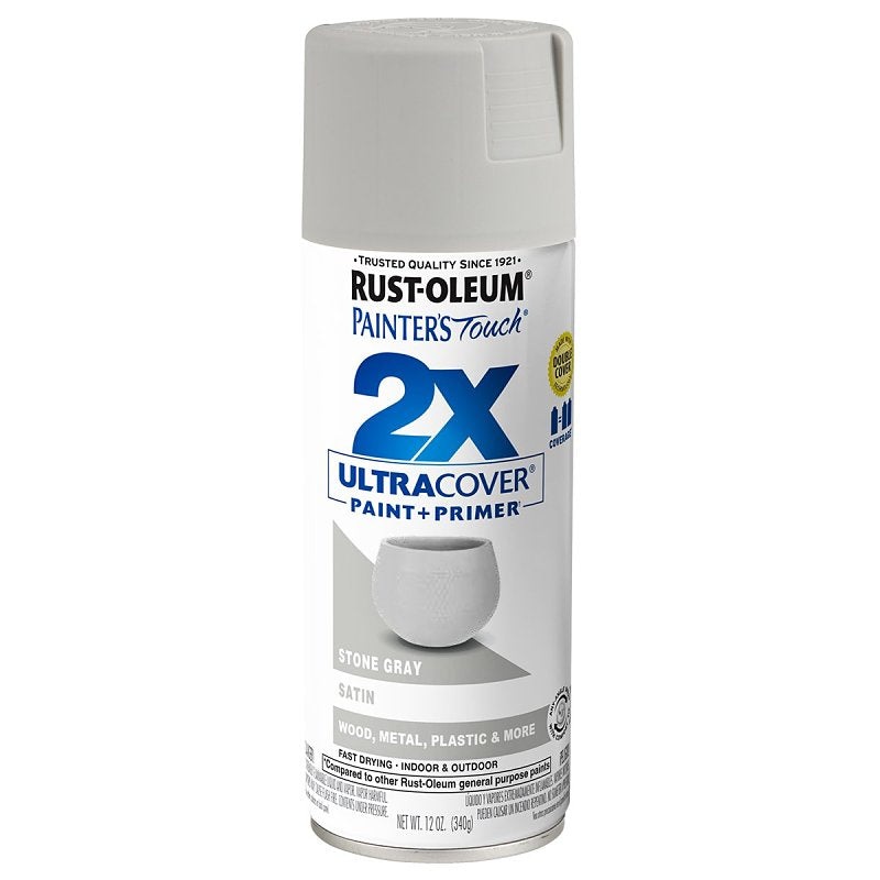 Rust-Oleum Painter’s Touch 2X Ultra Cover 334086 Spray Paint, Satin, Stone Gray, 12 oz, Aerosol Can