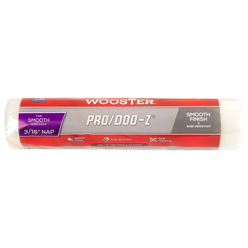 Wooster KR641-9 1/2 Roller Cover, 3/16 in Thick Nap, 9-1/2 in L, Woven Fabric Cover, White