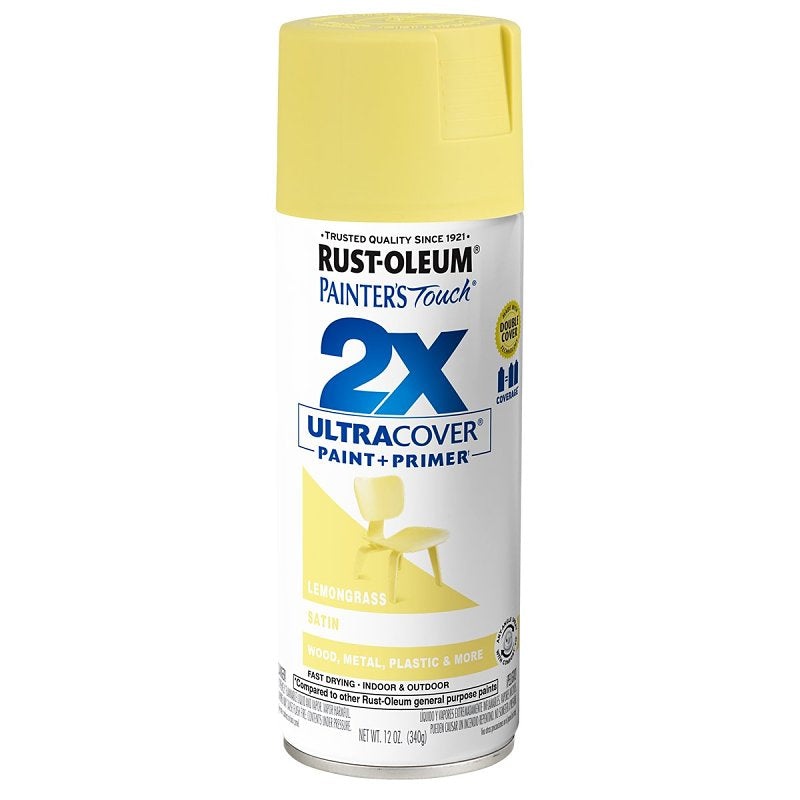 Rust-Oleum Painter’s Touch 2X Ultra Cover 334081 Spray Paint, Satin, Lemon Grass, 12 oz, Aerosol Can