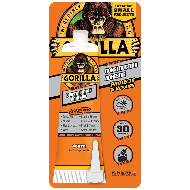Gorilla 8120001 Construction Adhesive, White, 2.5 oz, Tube