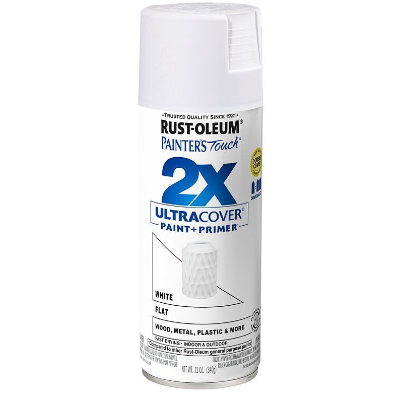 Rust-Oleum Painter’s Touch 2X Ultra Cover 334021 Spray Paint, Flat, White, 12 oz, Aerosol Can