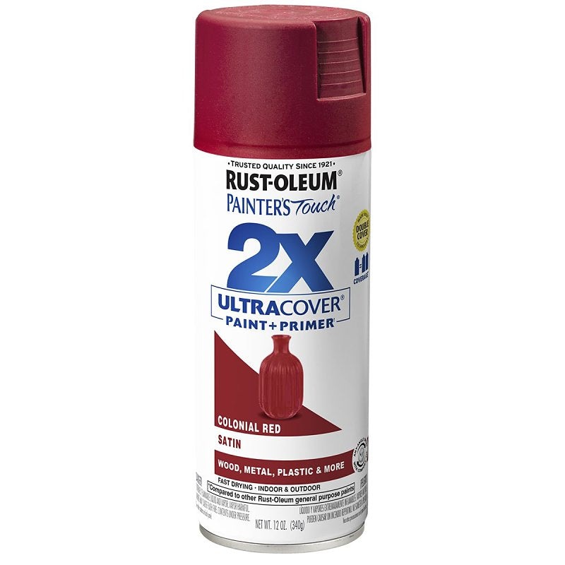 Rust-Oleum Painter’s Touch 2X Ultra Cover 334063 Spray Paint, Satin, Colonial Red, 12 oz, Aerosol Can