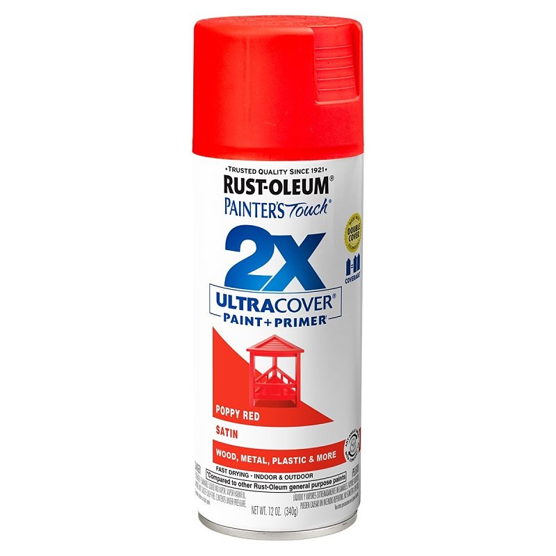 Rust-Oleum Painter’s Touch 2X Ultra Cover 334084 Spray Paint, Satin, Poppy Red, 12 oz, Aerosol Can