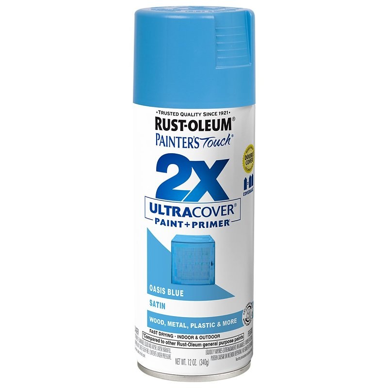 Rust-Oleum Painter’s Touch 2X Ultra Cover 334085 Spray Paint, Satin, Oasis Blue, 12 oz, Aerosol Can