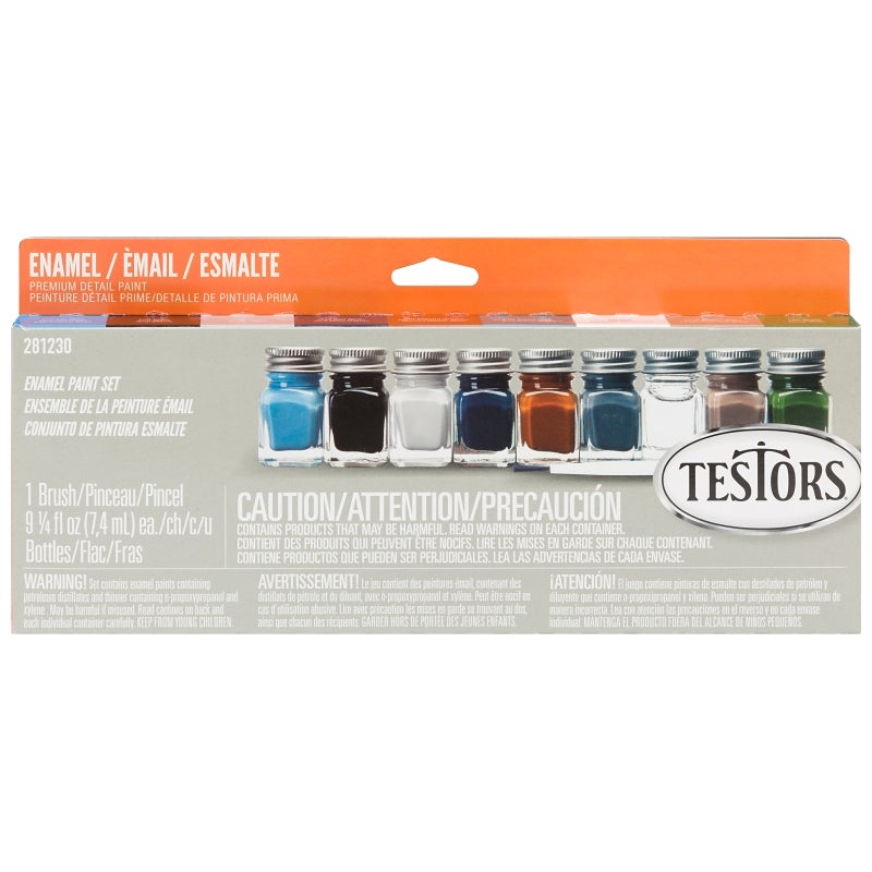 Testors 281230 Enamel Paint Set, 0.25 oz Bottle, Includes: Flat Black, Thinner Enamel Paints and (1) Paint Brush