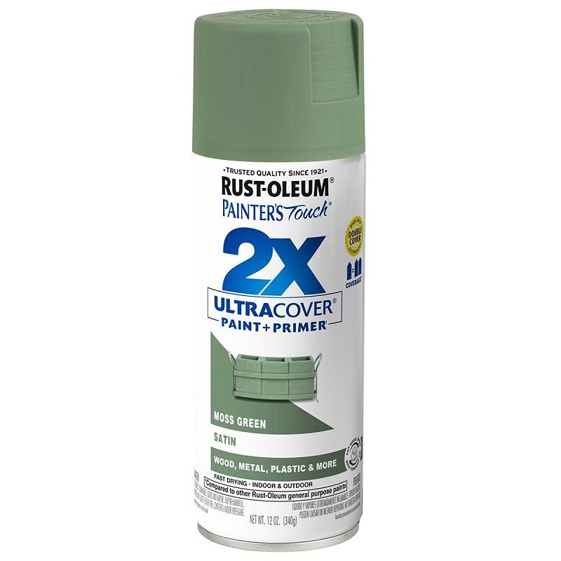 Rust-Oleum Painter’s Touch 2X Ultra Cover 334075 Spray Paint, Satin, Moss Green, 12 oz, Aerosol Can