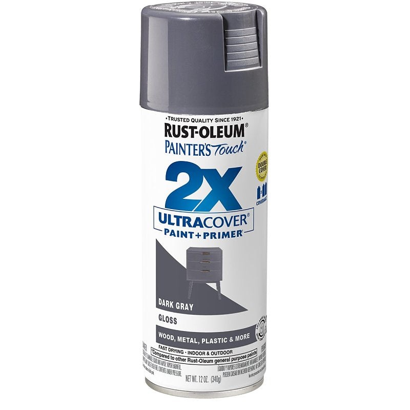 Rust-Oleum Painter’s Touch 2X Ultra Cover 334031 Spray Paint, Gloss, Dark Gray, 12 oz, Aerosol Can
