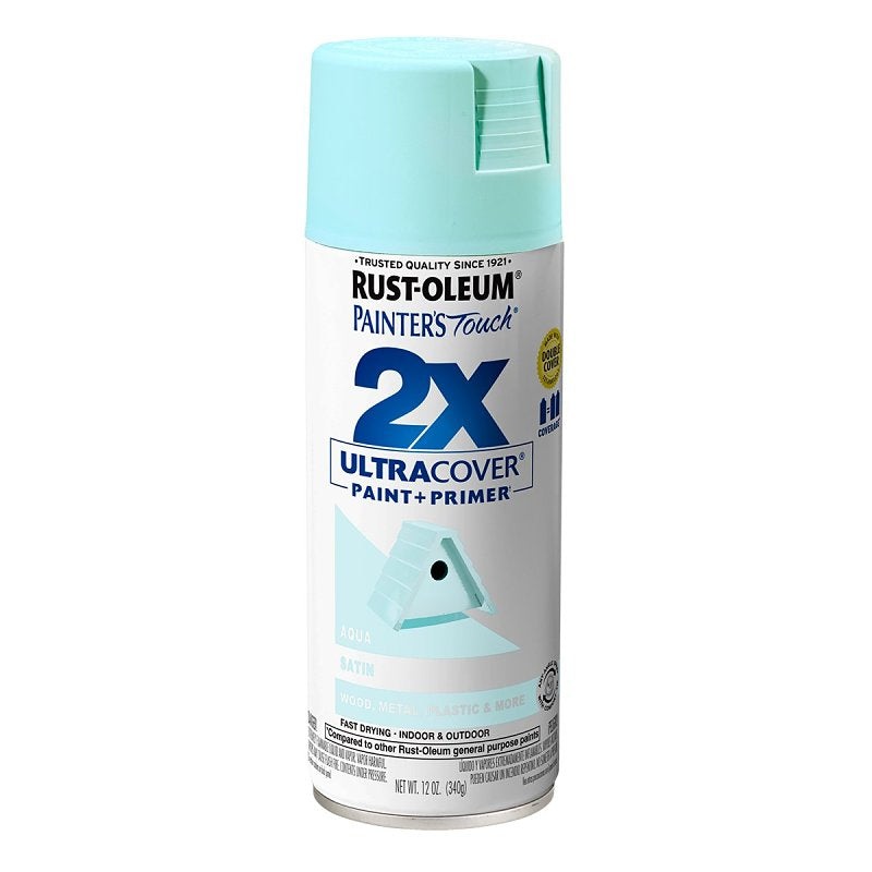Rust-Oleum Painter’s Touch 2X Ultra Cover 334059 Spray Paint, Satin, Aqua, 12 oz, Aerosol Can