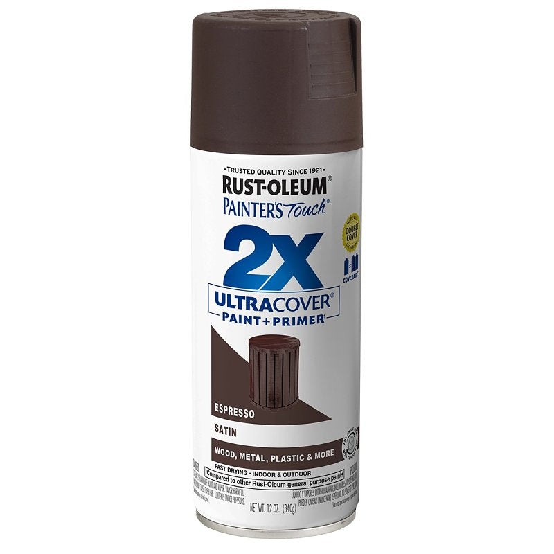 Rust-Oleum Painter’s Touch 2X Ultra Cover 334066 Spray Paint, Satin, Espresso, 12 oz, Aerosol Can