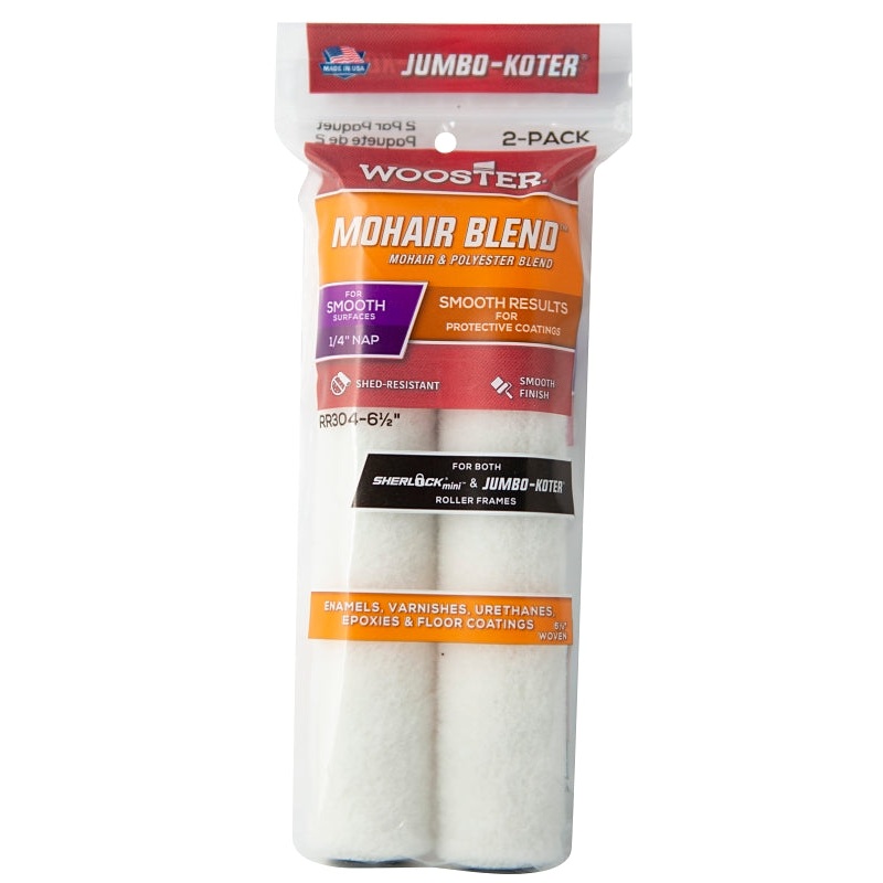 WOOSTER RR304-6 1/2 Paint Roller Cover, 1/4 in Thick Nap, 6-1/2 in L, Mohair Fabric Cover, White