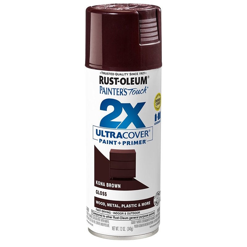 Rust-Oleum Painter’s Touch 2X Ultra Cover 334038 Spray Paint, Gloss, Kona Brown, 12 oz, Aerosol Can