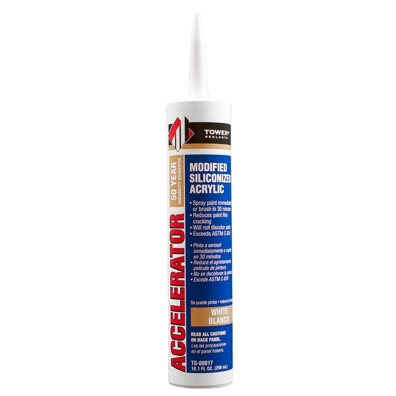 Tower Sealants ACCELERATOR TS-00017 Acrylic Silicone Sealant, White, 7 to 14 days Curing, 40 deg F, 10.5 fl-oz, Pack of 12