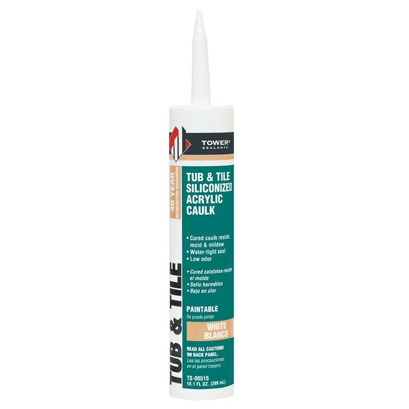 Tower Sealants TS-00515 Tub and Tile Siliconized Acrylic Caulk, White, 7 to 14 days Curing, 40 to 95 deg F, 10.1 fl-oz, Pack of 12