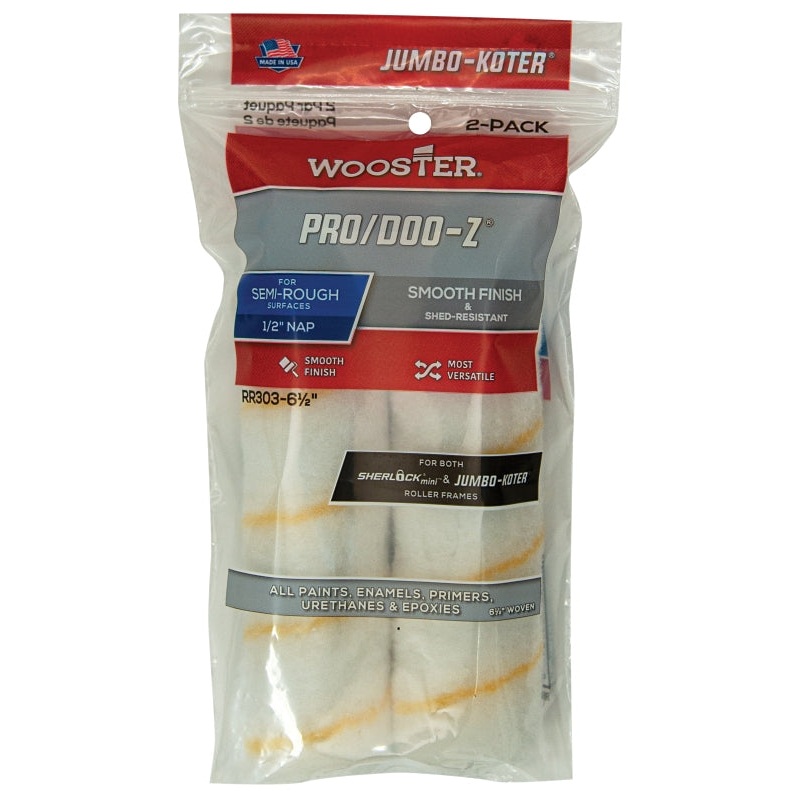 Wooster RR303-6 1/2 Roller Cover, White, 1/2 in Thick Nap, 6-1/2 in L, Woven Fabric Cover, 2/PK