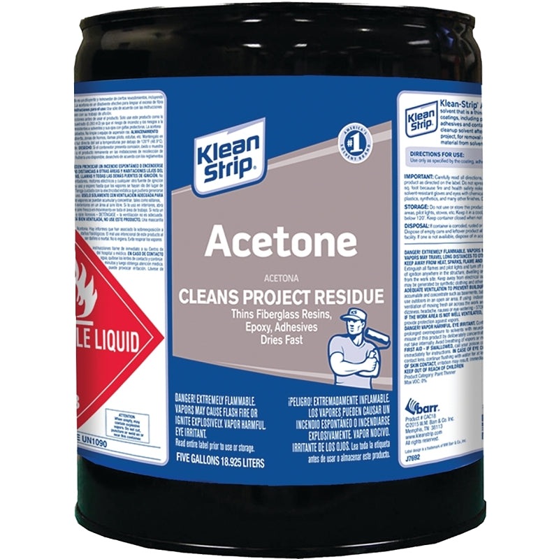Klean Strip CAC18 Acetone Thinner, Liquid, Characteristic Ketone, Sweet Pungent, Clear, 5 gal, Can
