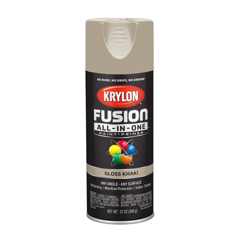 Krylon K02713007 Spray Paint, 12 oz Can, 25 sq-ft Coverage Area, Acrylic Base, Gloss, Khaki, Exterior, Interior