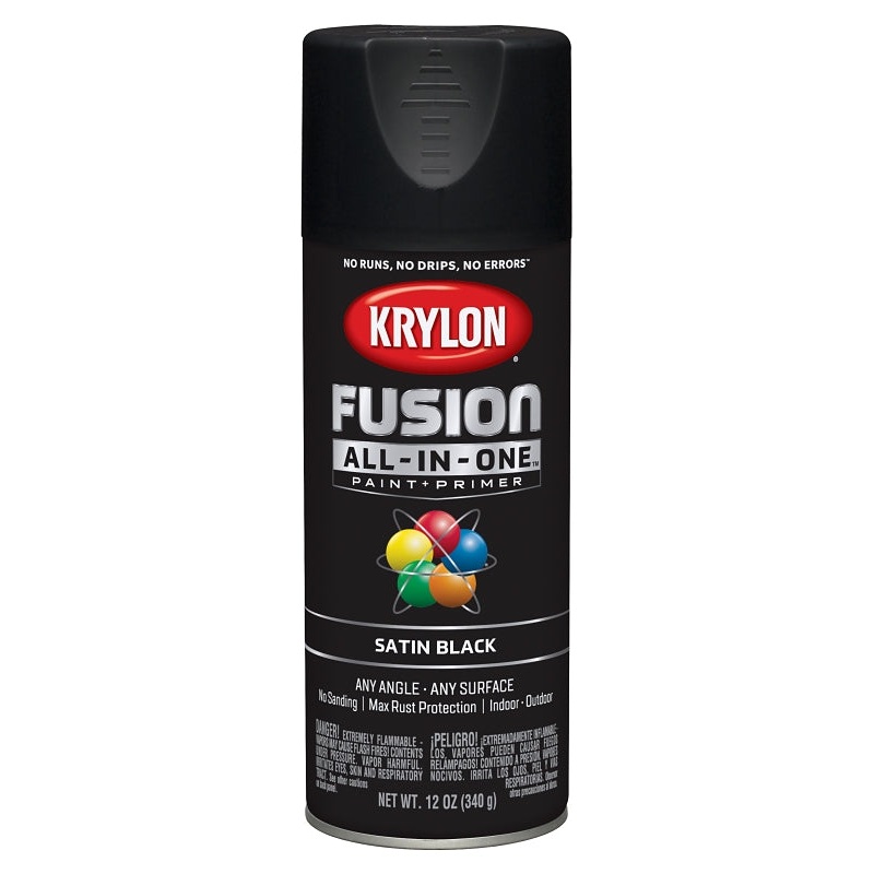 Krylon K02732007 Spray Paint, 12 oz Can, 25 sq-ft Coverage Area, Acrylic Base, Satin, Black, Exterior, Interior