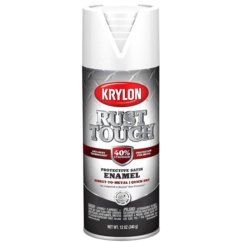 Krylon Rust Tough K09268008 Enamel Spray Paint, Satin, White, 12 oz, Can, Pack of 6