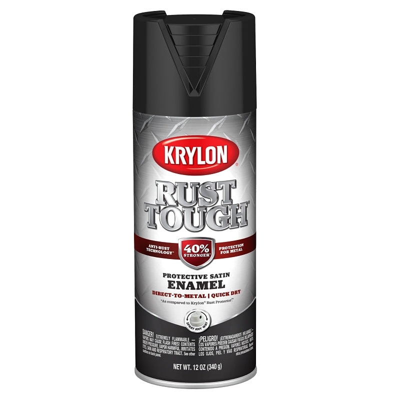 Krylon Rust Tough K09269008 Enamel Spray Paint, Satin, Black, 12 oz, Can, Pack of 6