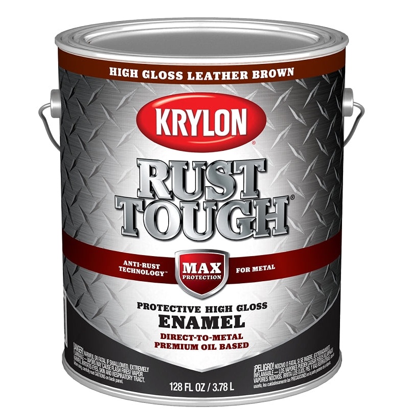 Krylon Rust Tough K09740008 Enamel Paint, Gloss Sheen, Leather Brown, 1 gal, 400 sq-ft/gal Coverage Area, Pack of 4