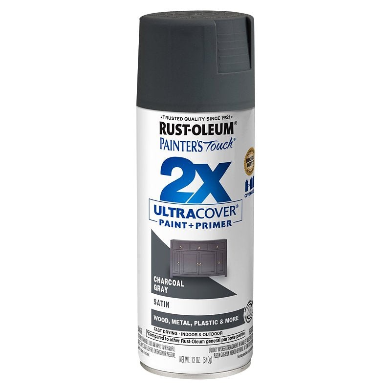 Rust-Oleum Painter’s Touch 2X Ultra Cover 350373 Spray Paint, Satin, Charcoal Gray, 12 oz, Aerosol Can