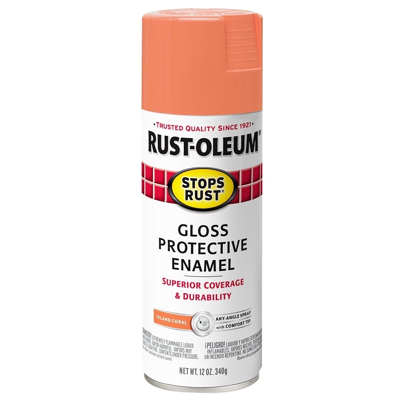Rust-Oleum Stops Rust 353010 Protective Enamel Paint, Gloss, Island Coral, 12 oz, Aerosol Can