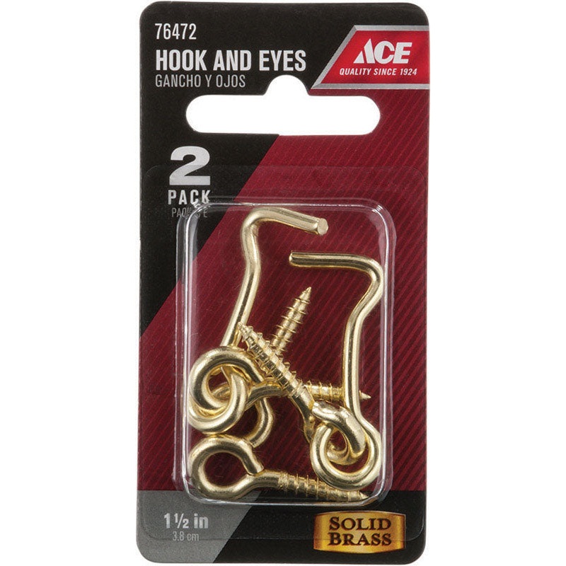 Ace Small Polished Brass Green Brass 1.5 in. L Hook and Eye 2 pk