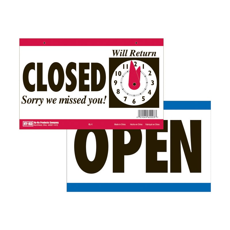 Hy-Ko English 7 in. H x 9-1/2 in. W Plastic Clock Sign Open/Closed