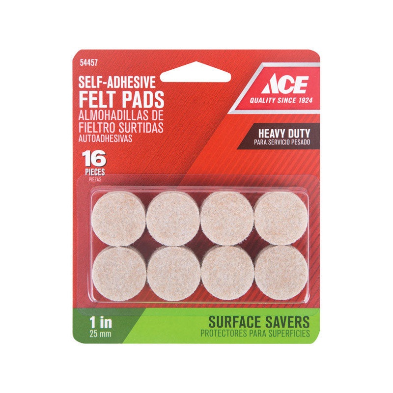 Ace Felt Round Self Adhesive Pad Brown 1 in. W 16 pk