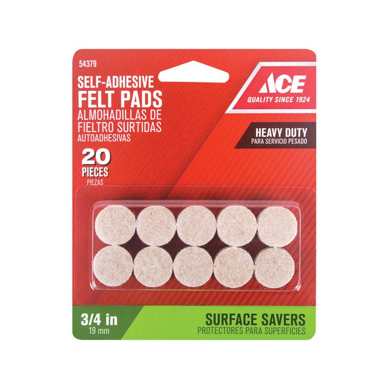 Ace Felt Round Self Adhesive Pad Brown 3/4 in. W 20 pk