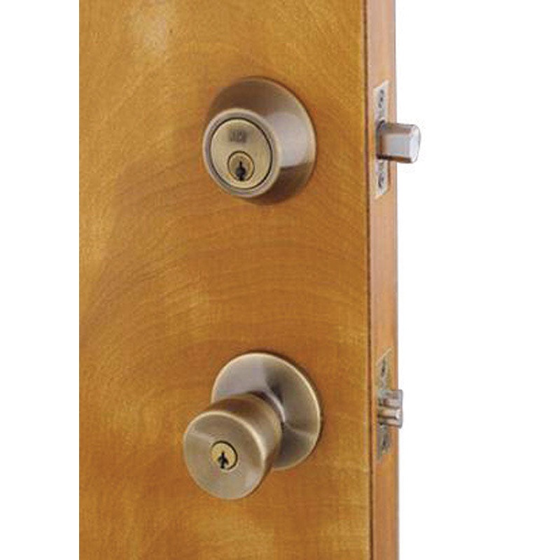 Home Plus Antique Brass Steel Knob and Deadbolt Set ANSI Grade 3 1-3/4 in.