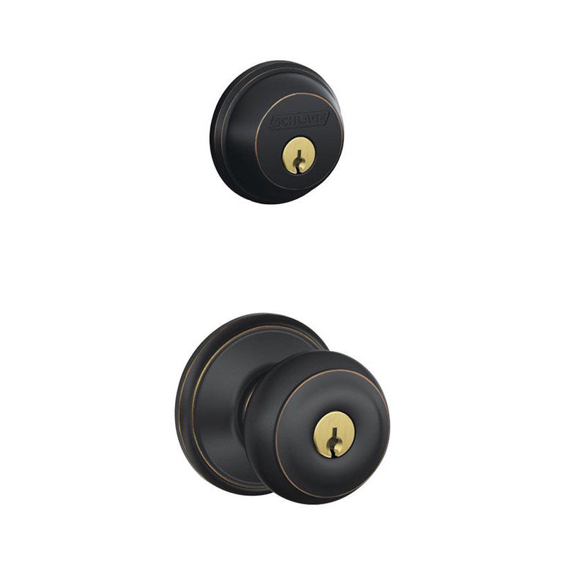 Schlage Georgian Aged Bronze Steel Knob and Single Cylinder Deadbolt ANSI Grade 2 1-3/4 in.
