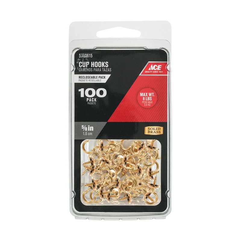 Ace 5/8 in. L Bright Brass Brass Cup Hook 100 pk