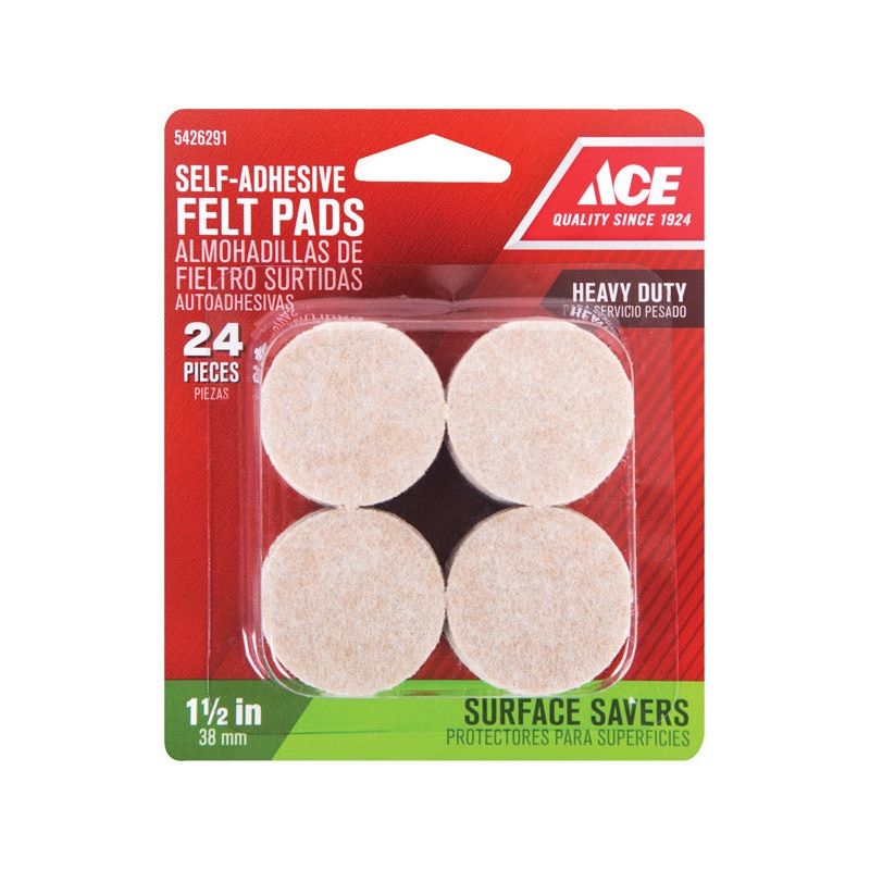 Ace Felt Round Self Adhesive Pad Brown 1-1/2 in. W 24 pk