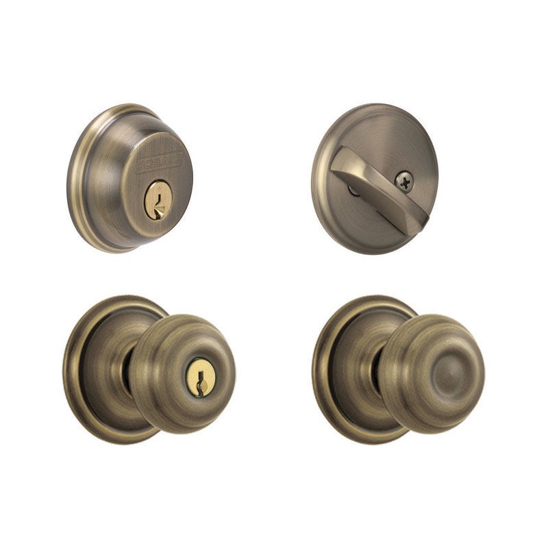Schlage Georgian Antique Brass Steel Knob and Single Cylinder Deadbolt ANSI Grade 2 1-3/4 in.