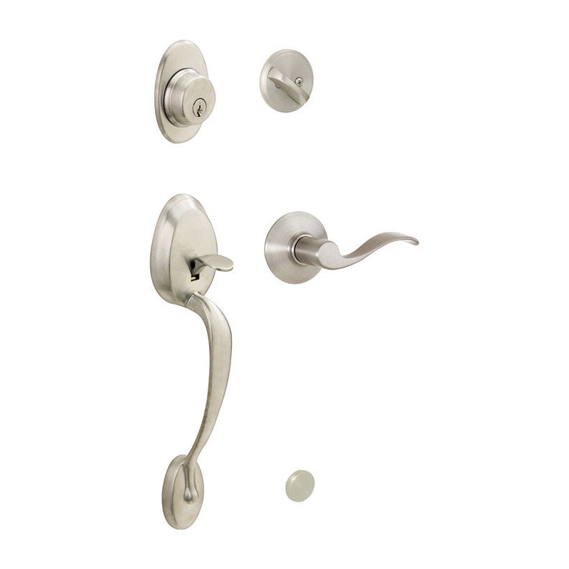 Schlage Plymouth, Accent Satin Nickel Steel Entry Handleset ANSI Grade 2 1-3/4 in. 50 – Hardware arrow 502 – Door Locks arrow 07 – Handlesets