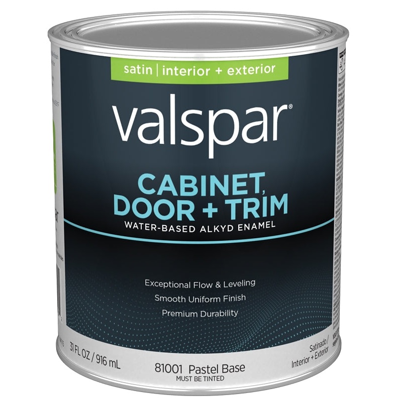 Valspar 8100 028.0081001.005 Cabinet, Door and Trim Paint Enamel, Water Base, Satin Sheen, Pastel Base, 1 qt