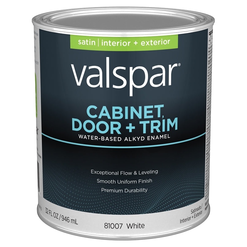 Valspar 8100 028.0081007.007 Cabinet, Door and Trim Paint Enamel, Water Base, Satin Sheen, White Base, 1 gal, Pack of 4