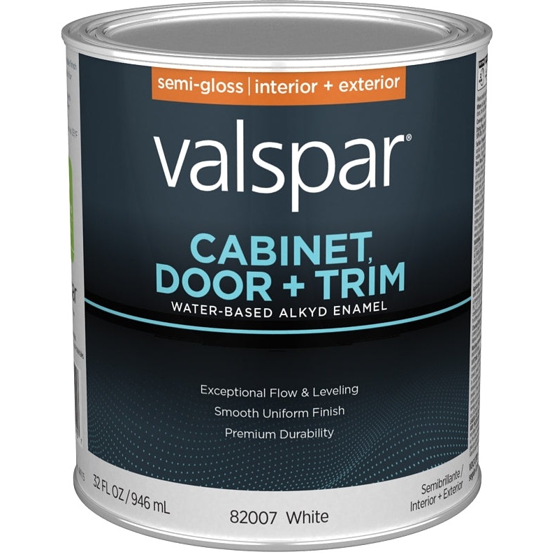 Valspar 8200 028.0082007.005 Cabinet, Door and Trim Paint Enamel, Water Base, Semi-Gloss Sheen, White Base, 1 qt