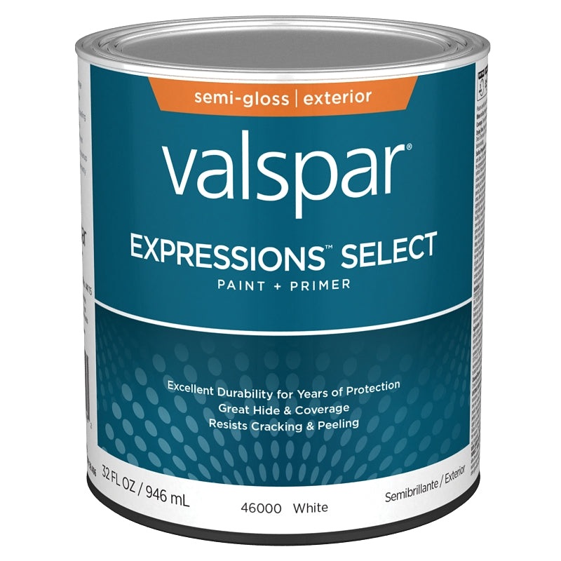Valspar Expressions Select 4600 028.0046000.005 Latex Paint, Acrylic Base, Semi-Gloss, White Base, 1 qt