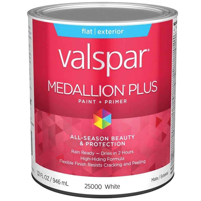 Valspar Medallion Plus 2500 028.0025000.005 Latex Paint, Acrylic Base, Flat Sheen, White Base, 1 qt, Plastic Can, Pack of 4