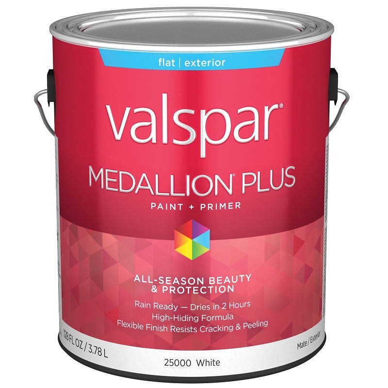 Valspar Medallion Plus 2500 028.0025000.007 Latex Paint, Acrylic Base, Flat Sheen, White Base, 1 gal, Plastic Can, Pack of 4