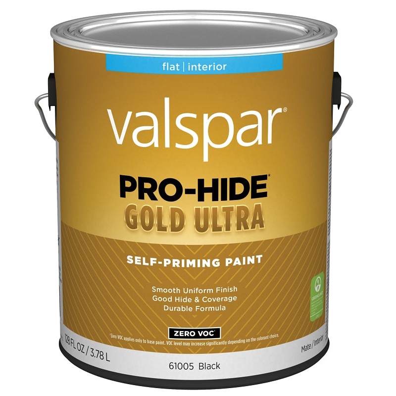 Valspar Pro-Hide Gold Ultra 6100 028.0061005.007 Latex Paint, Acrylic Base, Flat, Black, 1 gal, Plastic Can, Pack of 4