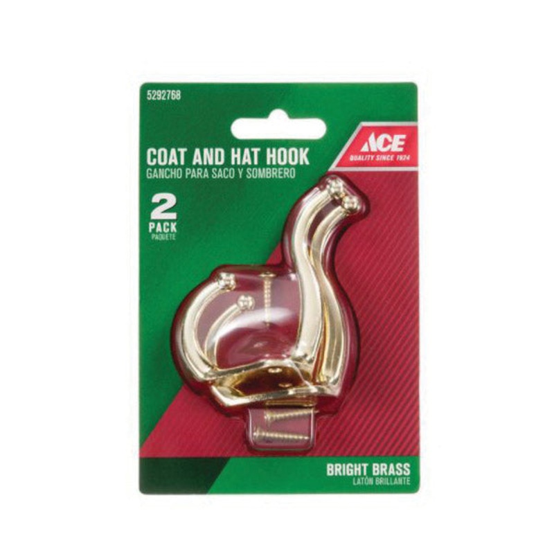 Ace Small Coat and Hat Hook 3 in. L Brass 2 pk