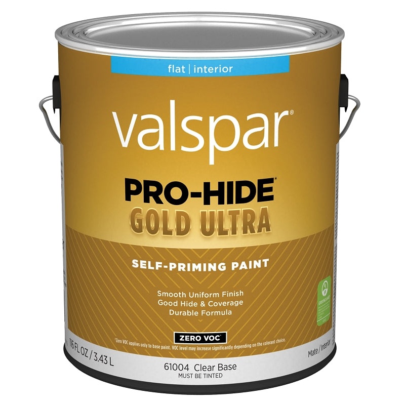 Valspar Pro-Hide Gold Ultra 6100 028.0061004.007 Latex Paint, Acrylic Base, Flat Sheen, Clear Base, 1 gal, Pack of 4