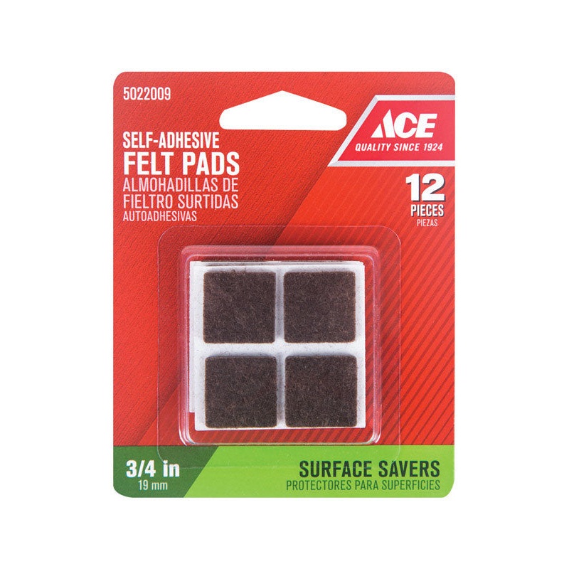 Ace Felt Square Self Adhesive Pad Brown 3/4 in. W x 3/4 in. L 12 pk