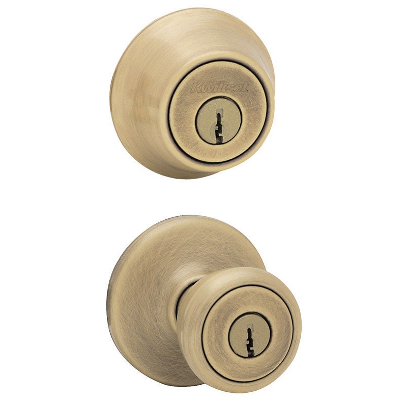 Kwikset Tylo Entry Lock and Single Cylinder Deadbolt Antique Brass Steel 3 Grade Left Handed, R